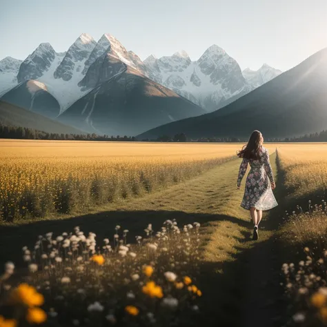 photo, woman style a woman in a floral dress walking through a field with mountains in the background  <lyco:djzWomanV15-Lyco:1.0>