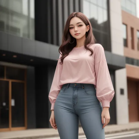 photo, woman style a woman in a pink shirt and jeans standing in front of a building  <lyco:djzWomanV15-Lyco:1.0>