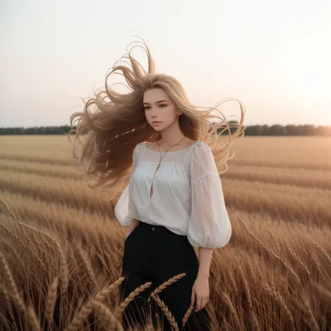 photo, woman style a woman standing in a wheat field with her hair blowing in the wind  <lyco:djzWomanV15-Lyco:1.0>