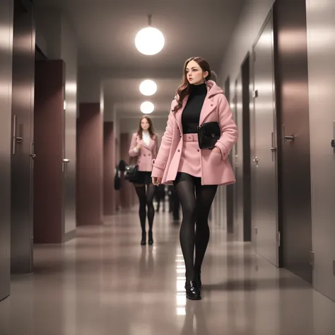 photo, woman style a woman in a pink coat and black tights walking down a hallway  <lyco:djzWomanV15-Lyco:1.0>