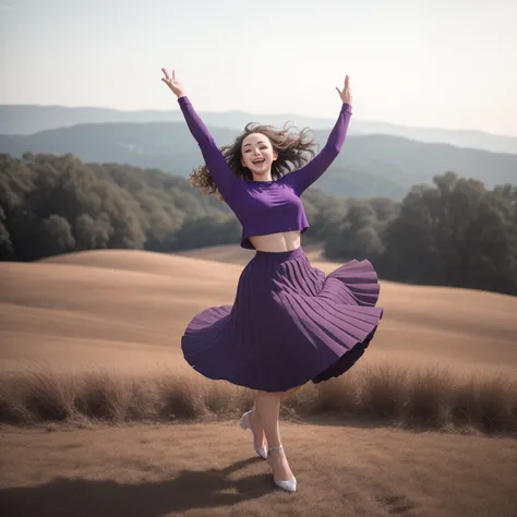 photo, woman style a girl in a purple top and purple skirt is dancing on a hill <lyco:djzWomanV15-Lyco:1.0>