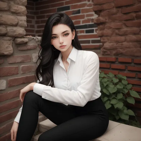 photo, woman style a woman sitting against a brick wall in a white shirt and black pants  <lyco:djzWomanV15-Lyco:1.0>