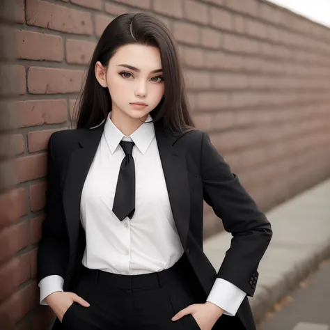 photo, woman style a woman standing in front of a brick wall wearing a black suit and white shirt  <lyco:djzWomanV15-Lyco:1.0>