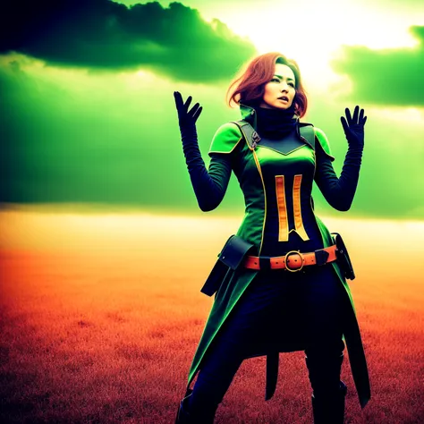 photo, bountyhunter a woman in a green and black outfit standing in a field with lightning in the background <lyco:djzWomanV21-Lyco-64-8-256-128:1.0>