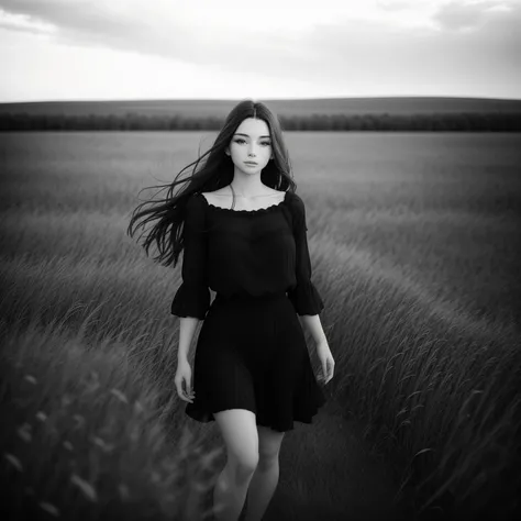 photo, woman style a black and white photo of a woman in the middle of a field  <lyco:djzWomanV15-Lyco:1.0>