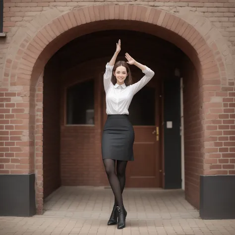 photo, woman style a woman standing in front of a brick building with her hand in the air <lyco:djzWomanV15-Lyco:1.0>