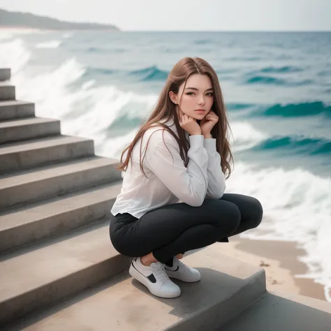 photo, woman style a person squatting on top of a set of stairs near the ocean  <lyco:djzWomanV15-Lyco:1.0>