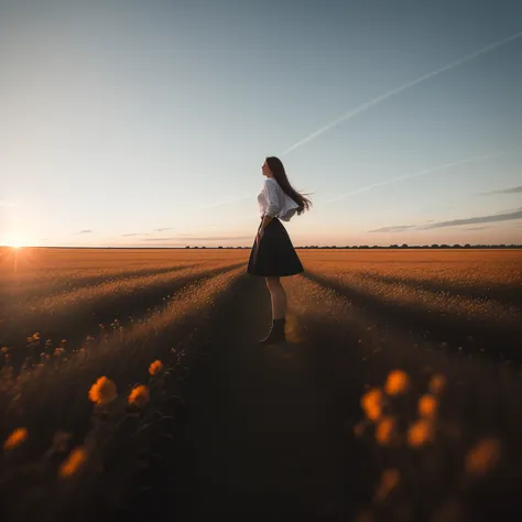 photo, woman style a woman standing in the middle of a field with a sky in the background  <lyco:djzWomanV15-Lyco:1.0>