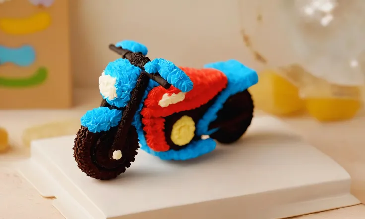 gourmet food photo of <lora:cakecd_xl-000005:0.8>,a single tiered cakecd_xl shaped like a blue motorbike was placed on the table,and on the top was eyes and eyebrows,blue and black theme,simple background,detailed,hi-res photo,indoors,tilt-shift,miniature,cute and lovely,still life,from front,looking at viewer . soft natural lighting,macro details,vibrant colors,fresh ingredients,glistening textures,bokeh background,styled plating,wooden tabletop,garnished,tantalizing,editorial quality,8K,HDR,UHD,masterpiece,best quality,highly detailed,high resolution,finely detail,extremely detailed,ultra detailed,wallpaper