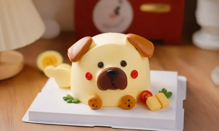 gourmet food photo of <lora:cakecd_xl-000005:0.8>,a single tiered cakecd_xl shaped like a dog-chibi was placed on the table,simple background,fine art,detailed,indoors,chinese zodiac,tilt-shift,miniature,cute and lovely,still life,from front,looking at viewer,no humans . soft natural lighting,macro details,vibrant colors,fresh ingredients,glistening textures,bokeh background,styled plating,wooden tabletop,garnished,tantalizing,editorial quality,8K,HDR,UHD,masterpiece,best quality,highly detailed,high resolution,finely detail,extremely detailed,ultra detailed,wallpaper