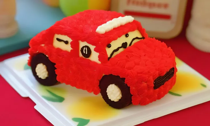 gourmet food photo of <lora:cakecd_xl-000005:0.8>,a single tiered cakecd_xl shaped like a red car was placed on the table,and on the top was eyes and eyebrows,red and black theme,simple background,detailed,hi-res photo,indoors,tilt-shift,miniature,cute and lovely,still life,from front,looking at viewer . soft natural lighting,macro details,vibrant colors,fresh ingredients,glistening textures,bokeh background,styled plating,wooden tabletop,garnished,tantalizing,editorial quality,8K,HDR,UHD,masterpiece,best quality,highly detailed,high resolution,finely detail,extremely detailed,ultra detailed,wallpaper