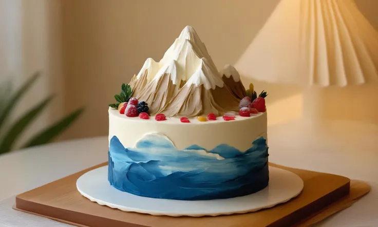 gourmet food photo of <lora:cakecd_xl-000005:0.8>,a single tiered round cakecd_xl was placed on the table,there is a lot of waves on the cakecd_xl,and on the top was mountain peak,blue and white theme,simple background,detailed,hi-res photo,indoors,tilt-shift,miniature,cute and lovely,still life,from front,looking at viewer . soft natural lighting,macro details,vibrant colors,fresh ingredients,glistening textures,bokeh background,styled plating,wooden tabletop,garnished,tantalizing,editorial quality,8K,HDR,UHD,masterpiece,best quality,highly detailed,high resolution,finely detail,extremely detailed,ultra detailed,wallpaper
