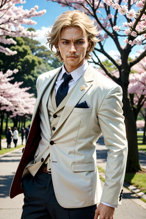 ((masterpiece, best quality))
 <lora:AssaEdward:0.8>
AssaEdward, 1boy, solo, blonde hair, Beneath a cherry blossom tree in bloom, modern suit with a hint of traditional influence, stoic expression while holding a sakura branch
