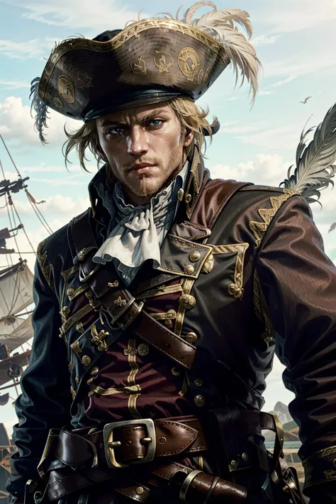EdwardAssa, solo, male focus, 1boy, hat, facial hair, blonde hair, ascot, realistic, hat feather, belt, tricorne, beard, pirate, upper body
masterpiece, best quality,
<lora:epi_noiseoffset2:1>, <lora:EdwardAssa:0.7>