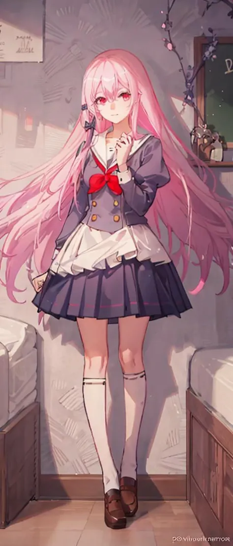 (Highest picture quality), (Master's work), (Detailed eye description), (8K wallpaper),(Detailed face description), colorful,looking at viewer,solo,(full body:1.1), 1girl, pink hair, >,(white legwear), <lora:mugeng-000008:1>,school uniform, school,