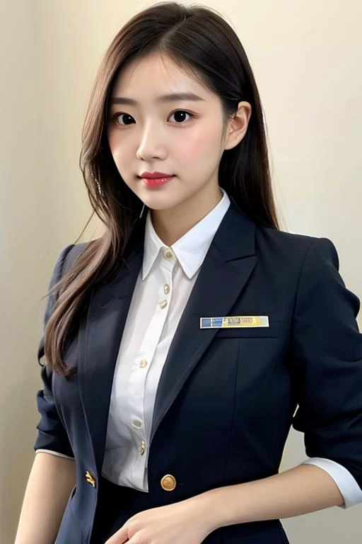 shiny skin, lips, super detailed skin, detailed beautiful face and eyes, spotlight, professional lighting, (upper body:0.8), stewardess, black skirt, jacket, short shirt, kooo123,  <lora:Uniform_stewardessOO_v1:0.7>