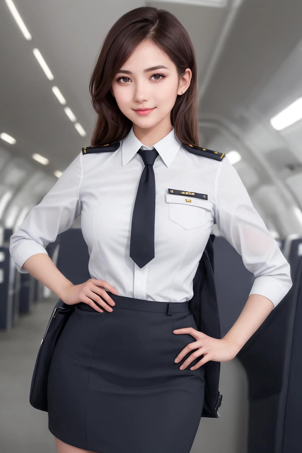 1girl, soro, shiny skin, lips, super detailed skin, detailed beautiful face and eyes, spotlight, professional lighting, brown hair, upper body, stewardess, black skirt, aviation industry, short shirt, smile, kooo123,
<lora:stewardesses_v2:0.75>