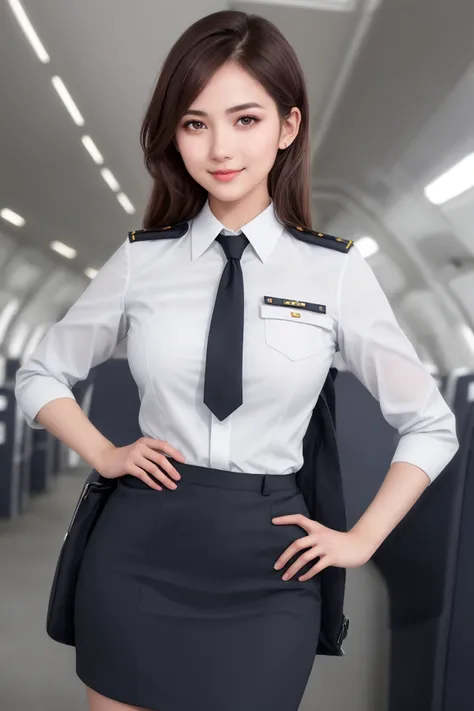 1girl, soro, shiny skin, lips, super detailed skin, detailed beautiful face and eyes, spotlight, professional lighting, brown hair, upper body, stewardess, black skirt, aviation industry, short shirt, smile, kooo123,   
<lora:stewardesses_v2:0.75>