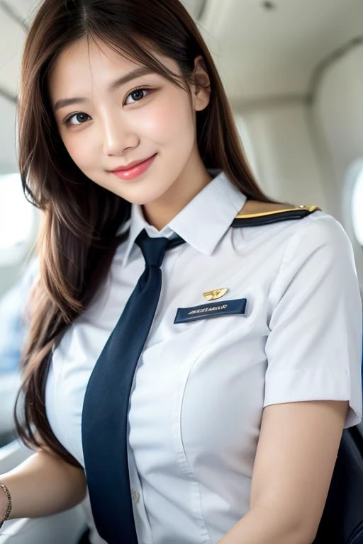 1girl, soro, shiny skin, lips, super detailed skin, detailed beautiful face and eyes, spotlight, professional lighting, brown hair, upper body, stewardess, black skirt, aviation industry, short shirt, smile, kooo123, <lora:stewardesses_v2:0.6>