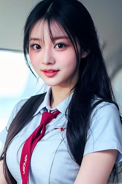 1girl, soro, shiny skin, lips, super detailed skin, detailed beautiful face and eyes, spotlight, professional lighting, upper body, stewardess, black skirt, aviation industry, short shirt, kooo123,  <lora:stewardesses_v2:0.6>,   <lora:ILLIO_MINOO:0.8>