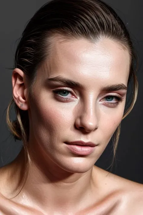 (CR-B3ttyGilpin-sstylerdurden879:0.9), face closeup portrait of young woman, topless, slick undercut hair, oiled shiny skin, grey background, (tilted pose shot:1.0),