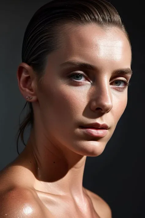 (CR-B3ttyGilpin-sstylerdurden879:0.9), closeup portrait of young woman , topless, slick undercut hair, oiled shiny skin, grey background, (tilted pose shot:1.1),