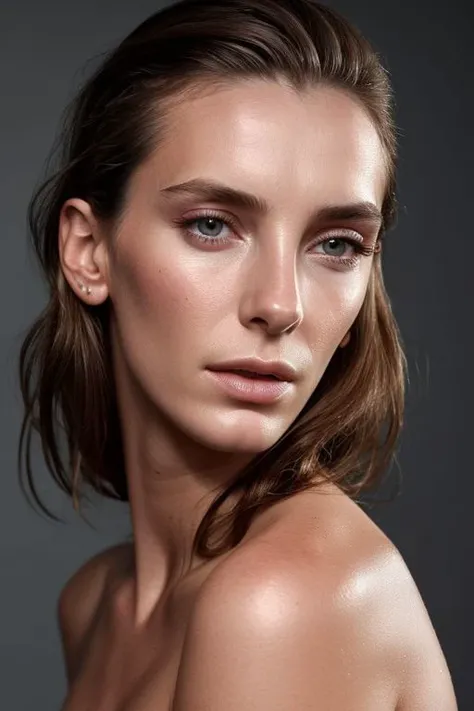(CR-B3ttyGilpin-sstylerdurden879:0.9),portrait of young sks woman, topless, slick hair, oiled skin, grey background, model pose, closeup,