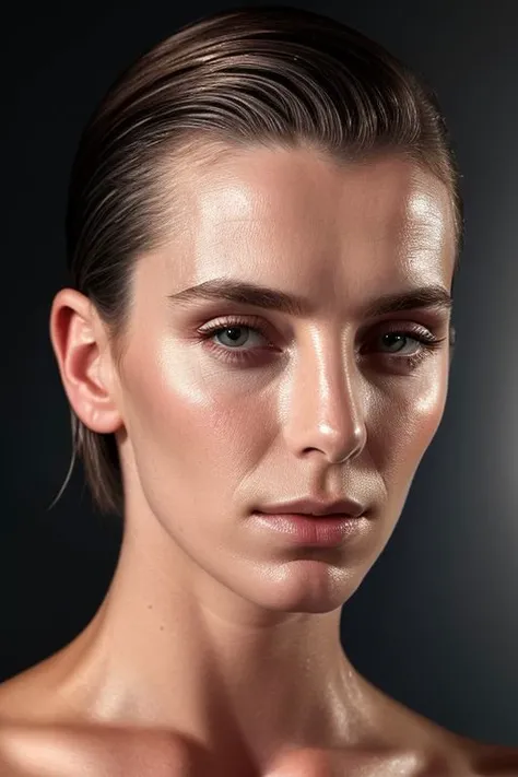 (CR-B3ttyGilpin-sstylerdurden879:0.9), closeup portrait of young woman , topless, slick undercut hair, oiled shiny skin, grey background, (tilted pose shot:1.1),