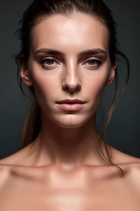 (CR-B3ttyGilpin-sstylerdurden879:0.9),portrait of young sks woman, topless, slick hair, oiled skin, grey background, model pose, closeup,