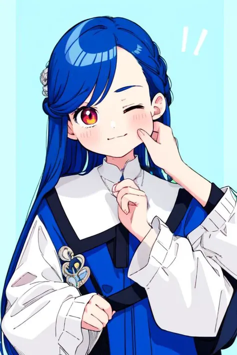 masterpiece, best quality,1girl,<lora:cheekpinching-12:1>,cheekpinching,cheek pinching, holding, cheek pinching by man hand, upper body,one eye closed,looking at viewer,pov, child, <lora:Rosemyne1:0.9>, rosemyne bookworm, long blue hair, blue religious clothes