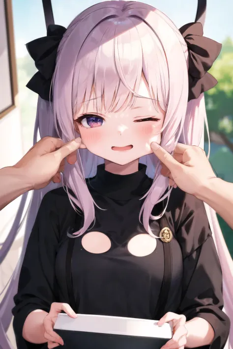 masterpiece, best quality,1girl, <lora:cheekpinching-12:0.9>,cheekpinching,cheek pinching, holding,upper body,one eye closed,looking at viewer,pov,