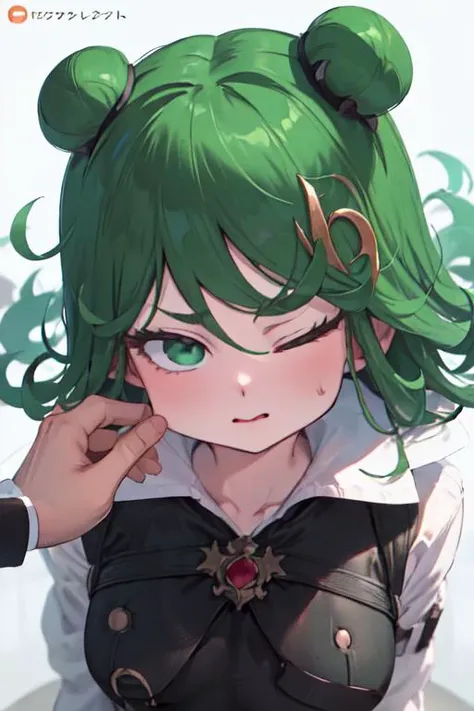 masterpiece, best quality, illustration,
tatsumaki, dress, pelvic curtain, arms behind back, green eyes, embarrassed, looking at viewer, leaning forward,
cheekpinching,cheek pinching, holding,upper body,one eye closed,looking at viewer,pov,