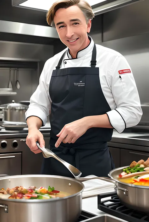 photo of (StCoAlPa01:0.99), a (male:1.3) as a chef, modelshoot style, (extremely detailed CG unity 8k wallpaper), photo of the most beautiful artwork in the world, professional majestic oil painting by Ed Blinkey, Atey Ghailan, Studio Ghibli, by Jeremy Mann, Greg Manchess, Antonio Moro, trending on ArtStation, trending on CGSociety, Intricate, High Detail, Sharp focus, dramatic, photorealistic painting art by midjourney and greg rutkowski, (chef's apron:1.1), ((in restaurant kitchen)), ((standing at prepping table)), ((cooking pots in the background)), (looking at viewer:1.3), (detailed pupils:1.3), (modern outfit:1.2), (closeup) (happy512)