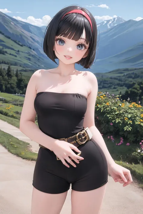 <lora:tubeuniromp-10:0.6>, (tube unitard romper), smile, lips, wide hips, looking at viewer, belt, medium breasts, hairband, bob cut, mountain