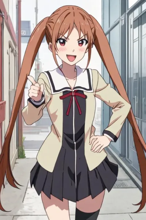 best quality, masterpiece, highres, solo, {hanabatake_yoshiko_ahogirl:1.15}, brown_hair, twintails, long_hair, open_mouth, smile, blush, red_eyes