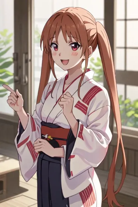 best quality, masterpiece, highres, solo, {yukata:1.40}, {kimono:1.20}, {hanabatake_yoshiko_ahogirl:1.15}, brown_hair, twintails, long_hair, open_mouth, smile, blush, red_eyes
