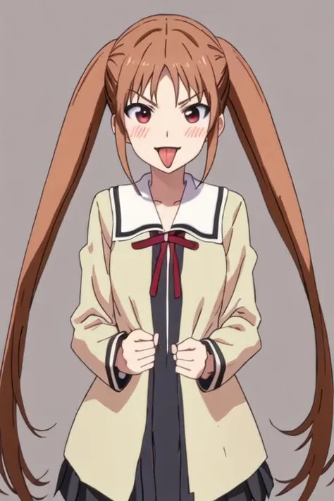 best quality, masterpiece, highres, solo, {hanabatake_yoshiko_ahogirl:1.15}, brown_hair, twintails, long_hair, open_mouth, smile, blush, red_eyes, 1girl, :d, looking_at_viewer, parody, tongue, :3, simple_background
