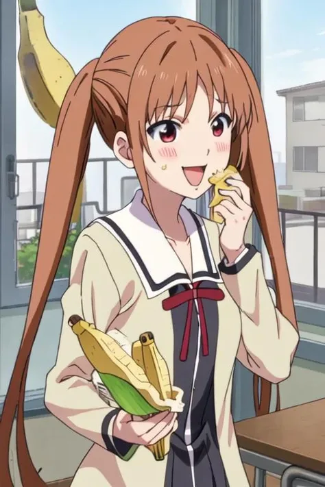 best quality, masterpiece, highres, solo, {hanabatake_yoshiko_ahogirl:1.15}, brown_hair, twintails, long_hair, open_mouth, smile, blush, red_eyes, 1girl, food, school_uniform, banana, fruit, holding, holding_food, eating