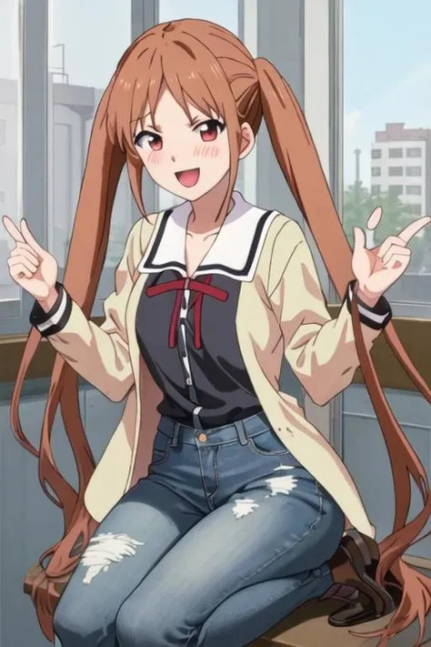best quality, masterpiece, highres, solo, {hanabatake_yoshiko_ahogirl:1.15}, brown_hair, twintails, long_hair, open_mouth, smile, blush, red_eyes, 1girl, shirt, denim, jeans, pants, brown_eyes