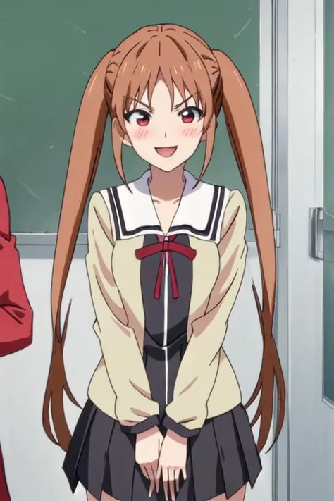 best quality, masterpiece, highres, solo, {hanabatake_yoshiko_ahogirl:1.15}, brown_hair, twintails, long_hair, open_mouth, smile, blush, red_eyes, 1girl, school_uniform, anime_coloring, parody