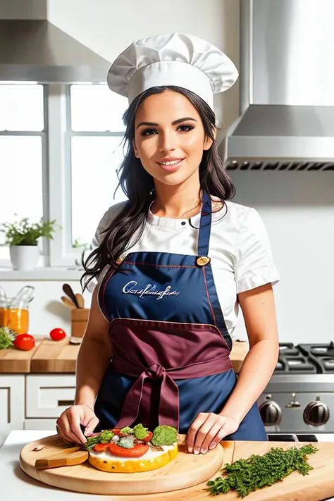 a closeup portrait of a playful chef (chefk1ki:1.0), a chef hat, an apron, kitchen, freckles, flirting with the camera