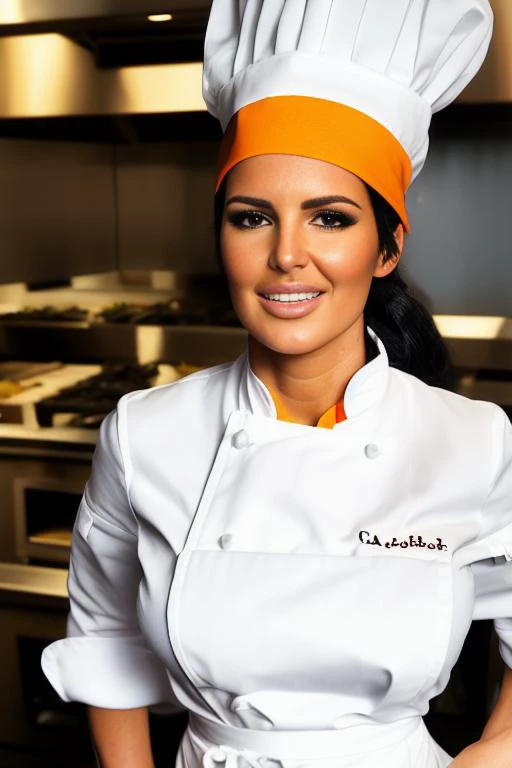 (Photo:1.3) of a closeup portrait of a playful chef (chefk1ki:1.0), a chef hat, (a white apron), a colorful shirt, a restaurant kitchen, freckles, flirting with the camera,Highly Detailed