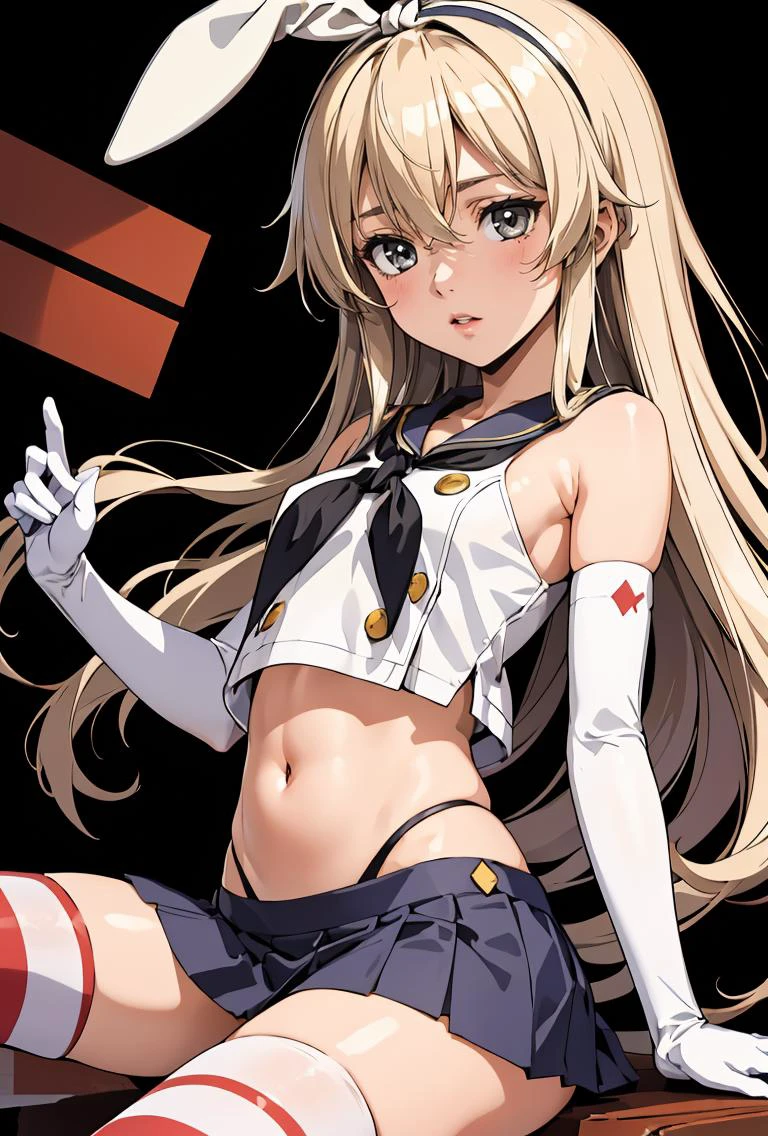 (masterpiece, best quality), 1girl, <lora:ShimakazeKancolle:0.8> skancolle, grey eyes, hairband, blonde hair, serafuku, neckerchief, crop top, gloves, elbow gloves, white gloves, navel, blue skirt, thighhighs, striped, striped thighhighs