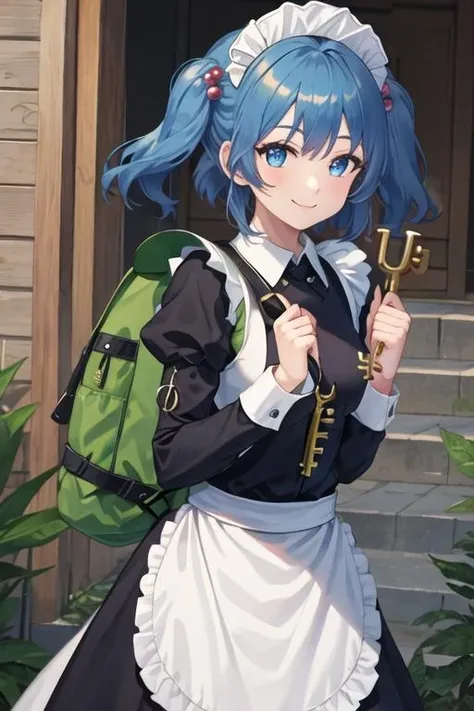 best quality, masterpiece, highres, solo, {maid:1.40}, {long maid dress:1.15}, {kawashiro_nitori_touhou:1.15}, blue_hair, hair_ornament, hair_bobbles, two_side_up, blue_eyes, hat, short_hair, key, smile, bag, backpack