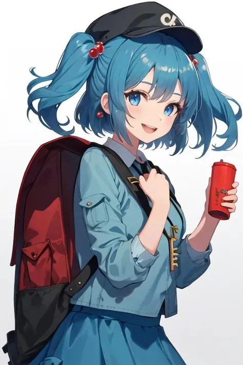 best quality, masterpiece, highres, solo, {kawashiro_nitori_touhou:1.15}, blue_hair, hair_ornament, hair_bobbles, two_side_up, blue_eyes, hat, short_hair, key, smile, bag, backpack, 1girl, open_mouth, skirt