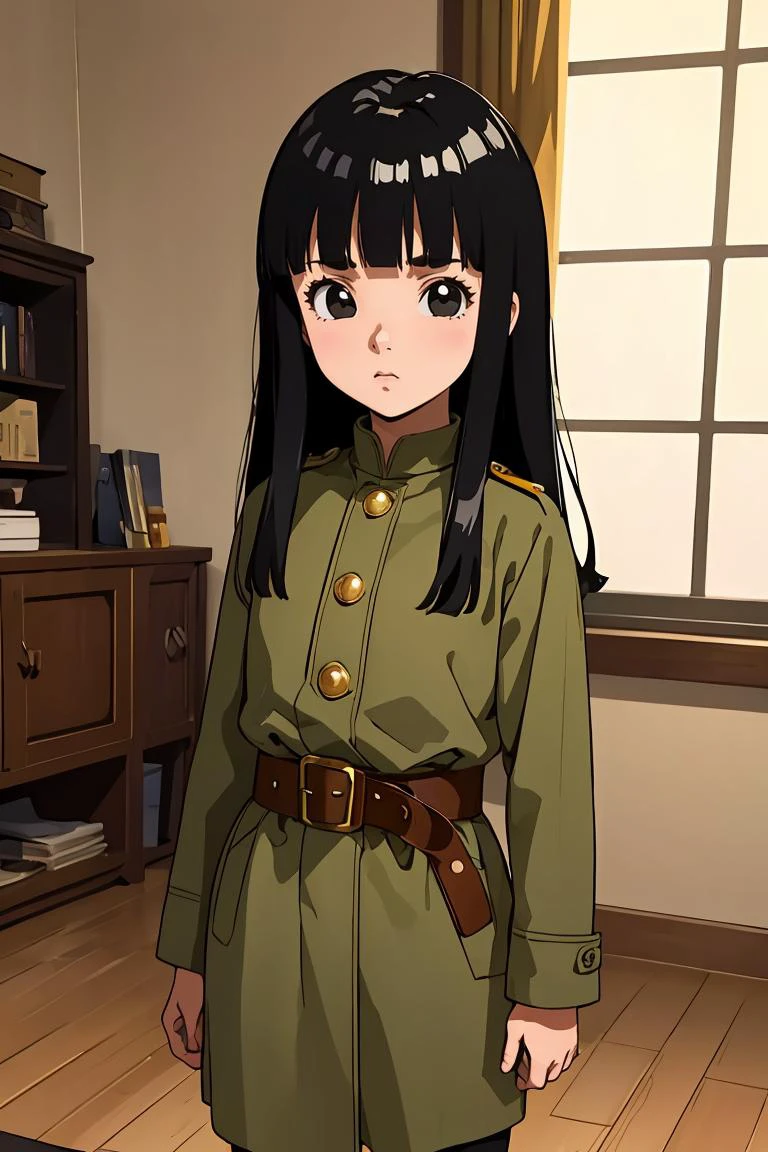 (masterpiece, best quality), 1girl, <lora:DBS_Mai_v1:0.8> mai, 1girl, solo, black eyes, black hair, long hair, blunt bangs, straight hair, female ,, uniform, military, military uniform, green coat, brown belt,