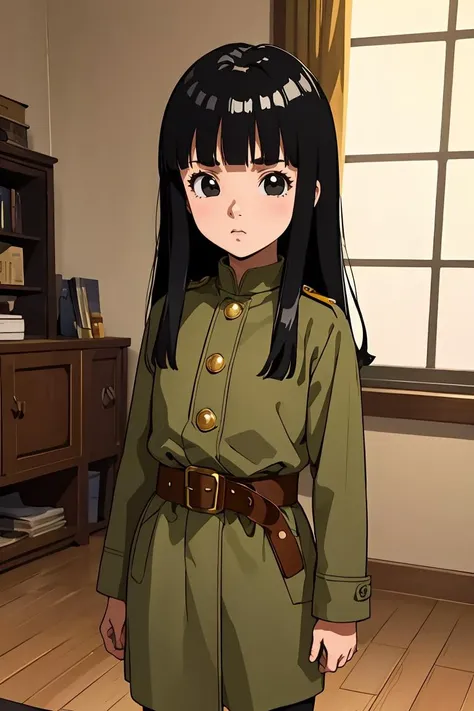 (masterpiece, best quality), 1girl,   <lora:DBS_Mai_v1:0.8> mai, 1girl, solo, black eyes, black hair, long hair, blunt bangs, straight hair, female child,, uniform, military, military uniform, green coat, brown belt,