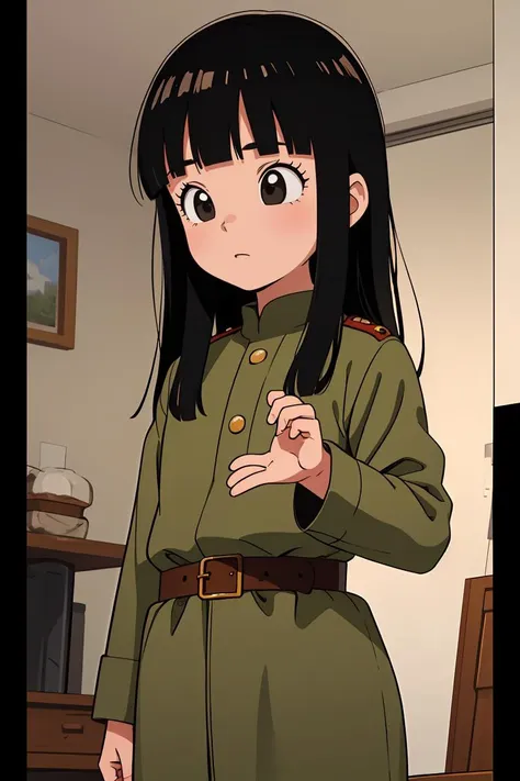 (masterpiece, best quality), 1girl,   <lora:DBS_Mai_v1:0.8> mai, 1girl, solo, black eyes, black hair, long hair, blunt bangs, straight hair, female child,, uniform, military, military uniform, green coat, brown belt,