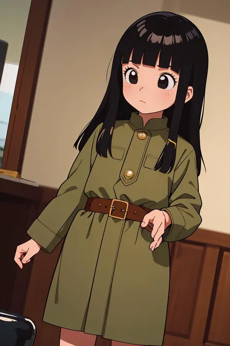 (masterpiece, best quality), 1girl,   <lora:DBS_Mai_v1:0.8> mai, 1girl, solo, black eyes, black hair, long hair, blunt bangs, straight hair, female child,, uniform, military, military uniform, green coat, brown belt,