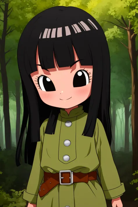 mai, 1girl, solo, black eyes, black hair, long hair, blunt bangs, straight hair, female child,
uniform, military, military uniform, green coat, brown belt,
smile,closed mouth,cowboy shot,
forest,outdoor,
(insanely detailed, beautiful detailed face, masterpiece, best quality) cinematic lighting,<lora:DBS_Mai_v1:1>, <lora:more_details:0.3>,